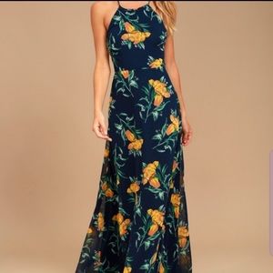 Navy blue and yellow floral print maxi dress